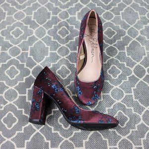 🆕 Libby & Edelman Block High Heels Velvet Floral Burgundy Sz 7M